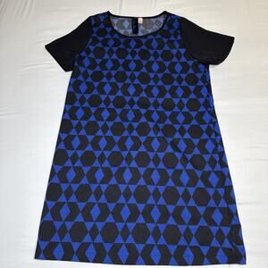 Blue Rain Dress Womens Lg Black Blue Contrast Print Short Sleeve Retro Mod EUC